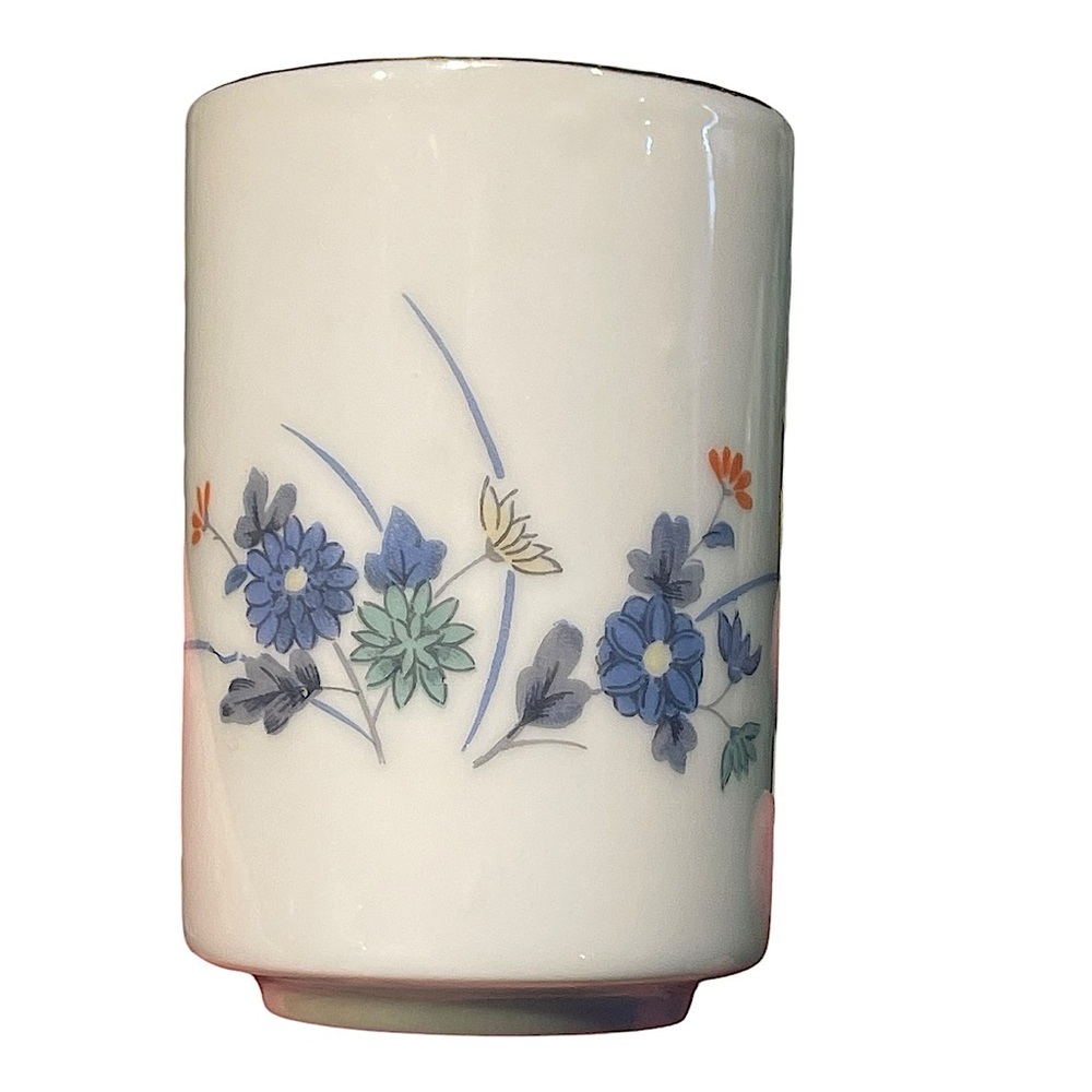 Vtg Otagiri 6 Saki Tea Cups OMC Japan Floral Ceramic White Blue Orange Green 3"